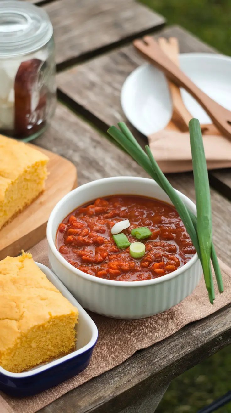 Bowl of vegetarian chili served with cornbread