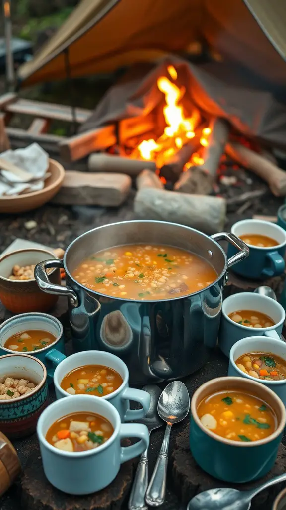 A pot of vegetarian lentil soup served at a campsite, surrounded by bowls and utensils.