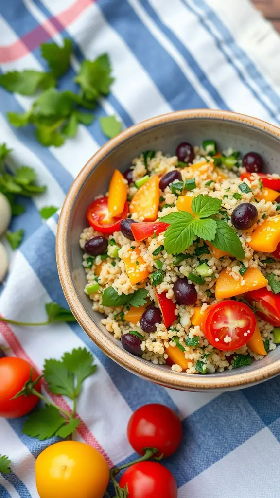 A bowl of colorful vegetarian quinoa salad with fresh vegetables and herbs.