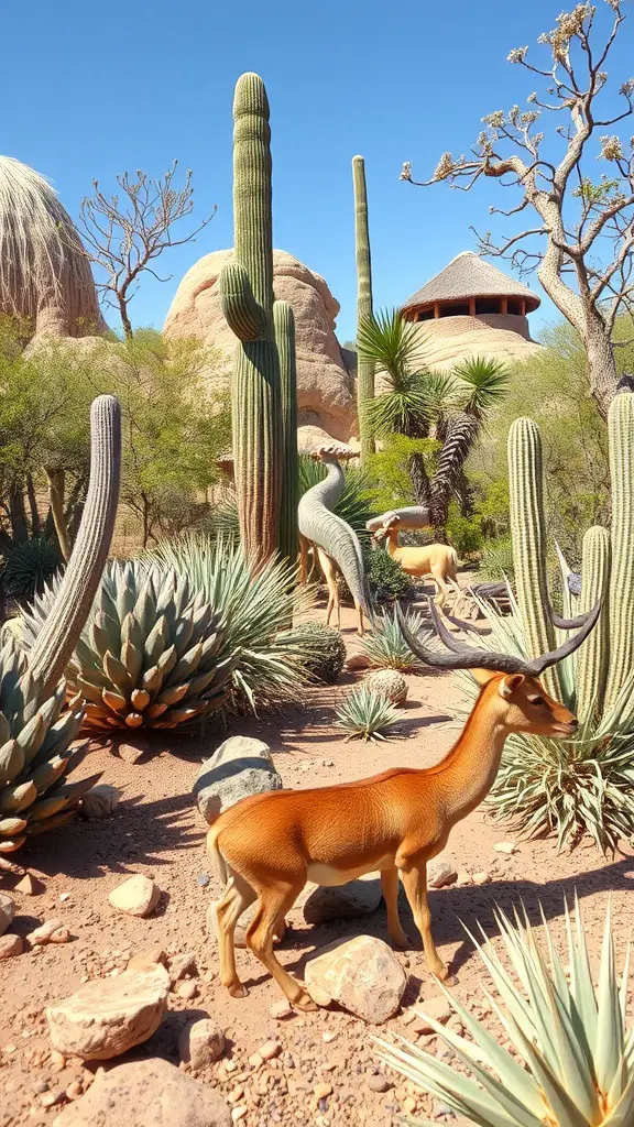 Desert scene with cacti and animal sculptures in the Arizona-Sonora Desert Museum