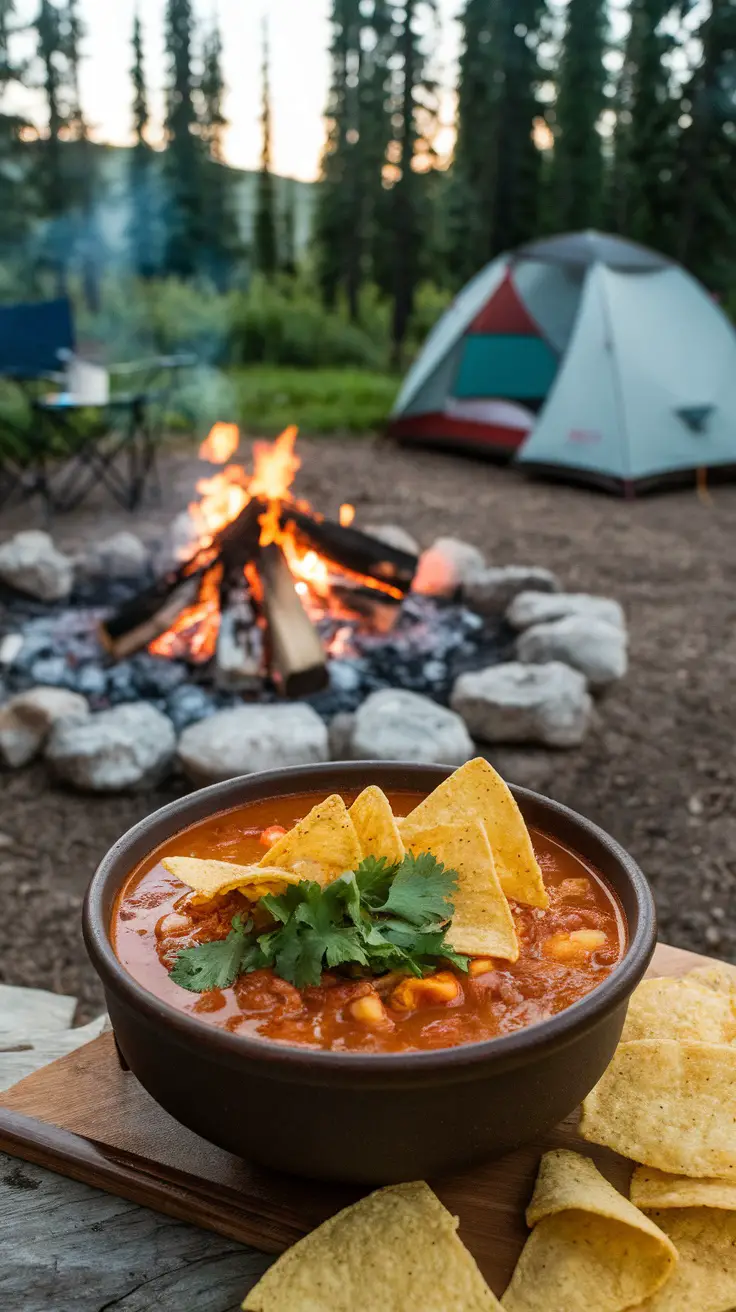 A bowl of zesty taco soup topped with tortilla chips and cilantro, set against a camping backdrop.