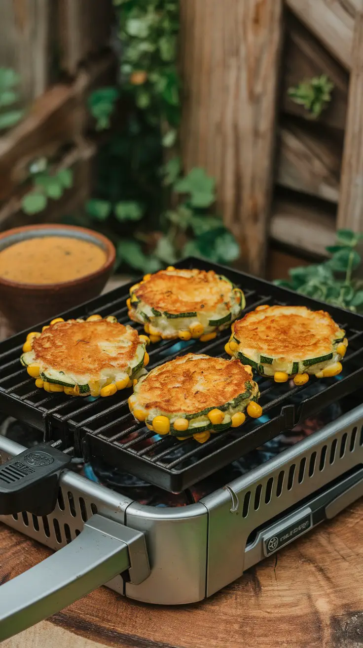 Delicious zucchini and corn fritters on a grill with sauce on the side