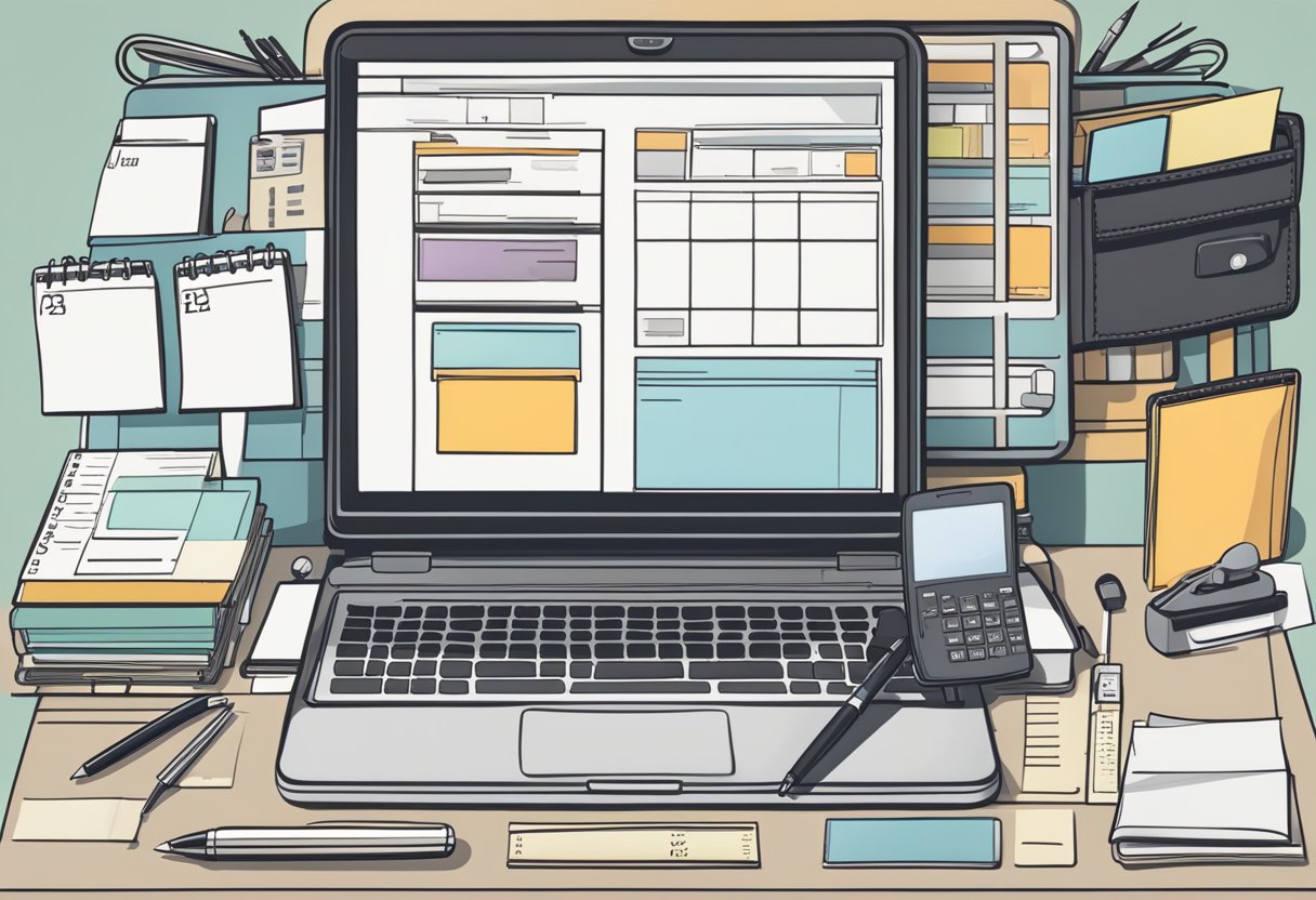 An open RV dashboard with a mileage log book, pen, calculator, receipt organizer, and laptop for tracking expenses