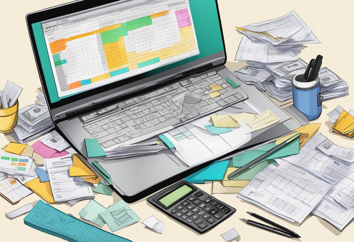 A cluttered desk with scattered receipts, a calculator, and a notebook with messy scribbles. An open laptop displays a spreadsheet of RV expenses