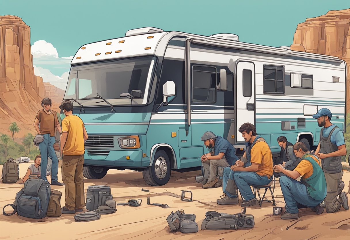 An RV broken down on the side of the road, surrounded by frustrated travelers and a mechanic working on the engine