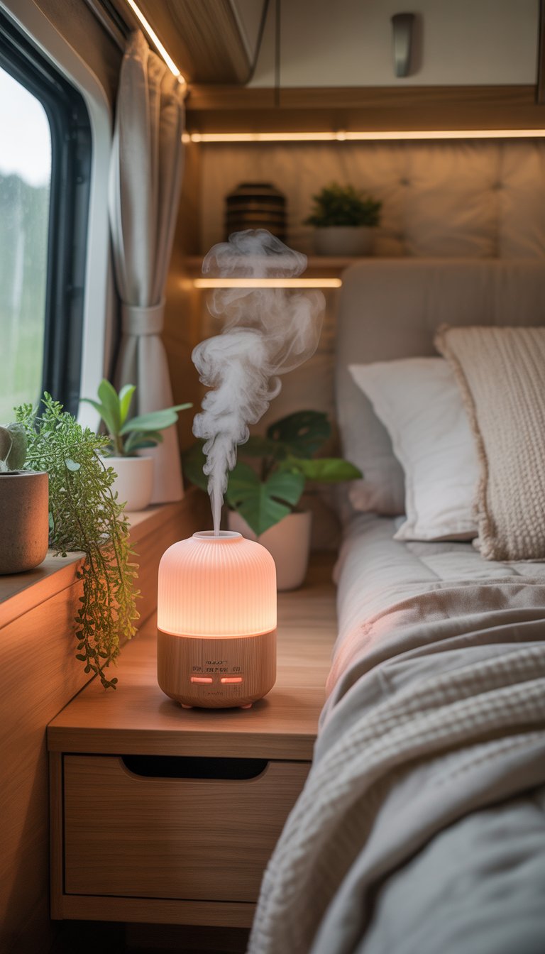 Cozy RV bedroom with a compact aromatherapy diffuser on a bedside table surrounded by soft bedding and natural decor.