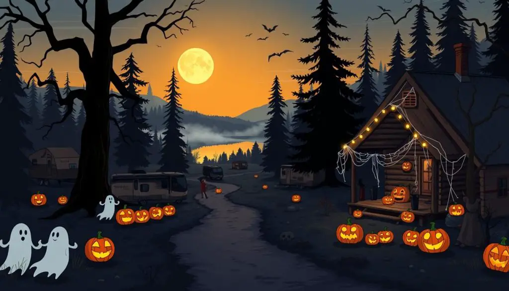 A spooky autumn evening at Lake Rudolph Campground & RV Resort. In the foreground, ghostly jack-o'-lanterns glow along a winding path, leading trick-or-treaters towards a cozy cabin adorned with cobwebs and eerie silhouettes. Tall, twisted trees cast long shadows in the fading daylight, as a full moon rises over the still, reflective waters of the lake. Subtle fog drifts between the campsites, creating an atmosphere of mystery and anticipation. The campground is alive with the laughter and costumes of Halloween revelers, ready to enjoy a night of haunting festivities. A spooky autumn evening at Lake Rudolph Campground & RV Resort. In the foreground, ghostly jack-o'-lanterns glow along a winding path, leading trick-or-treaters towards a cozy cabin adorned with cobwebs and eerie silhouettes. Tall, twisted trees cast long shadows in the fading daylight, as a full moon rises over the still, reflective waters of the lake. Subtle fog drifts between the campsites, creating an atmosphere of mystery and anticipation. The campground is alive with the laughter and costumes of Halloween revelers, ready to enjoy a night of haunting festivities.
