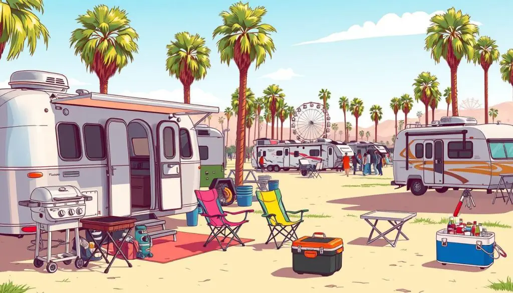 A sun-dappled scene of a Coachella RV camping experience. In the foreground, an open-concept Airstream trailer with sleek aluminum exterior glimmers invitingly. Nearby, a neatly arranged display of essential gear - a portable grill, colorful camping chairs, a collapsible table, and a cooler stocked with refreshments. In the middle ground, several RVs of various makes and sizes are parked, their owners socializing and preparing for the festival. The background reveals the iconic Coachella palm trees swaying gently, with the distant Ferris wheel visible on the horizon, setting the mood for a carefree, music-filled weekend. A sun-dappled scene of a Coachella RV camping experience. In the foreground, an open-concept Airstream trailer with sleek aluminum exterior glimmers invitingly. Nearby, a neatly arranged display of essential gear - a portable grill, colorful camping chairs, a collapsible table, and a cooler stocked with refreshments. In the middle ground, several RVs of various makes and sizes are parked, their owners socializing and preparing for the festival. The background reveals the iconic Coachella palm trees swaying gently, with the distant Ferris wheel visible on the horizon, setting the mood for a carefree, music-filled weekend.