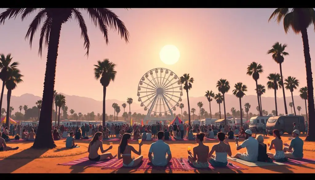 A sun-drenched festival scene at Coachella, with towering palm trees casting long shadows across a sprawling field. In the foreground, a group of festivalgoers relax on colorful bohemian rugs, sipping drinks and chatting animatedly. Behind them, a ferris wheel rises majestically, its neon lights casting a warm glow over the crowd. In the distance, the silhouettes of RVs dot the horizon, their occupants savoring the off-site festival experience. The atmosphere is one of carefree revelry, with a soft, hazy light illuminating the scene and creating a sense of timeless, festival-fueled bliss. A sun-drenched festival scene at Coachella, with towering palm trees casting long shadows across a sprawling field. In the foreground, a group of festivalgoers relax on colorful bohemian rugs, sipping drinks and chatting animatedly. Behind them, a ferris wheel rises majestically, its neon lights casting a warm glow over the crowd. In the distance, the silhouettes of RVs dot the horizon, their occupants savoring the off-site festival experience. The atmosphere is one of carefree revelry, with a soft, hazy light illuminating the scene and creating a sense of timeless, festival-fueled bliss.