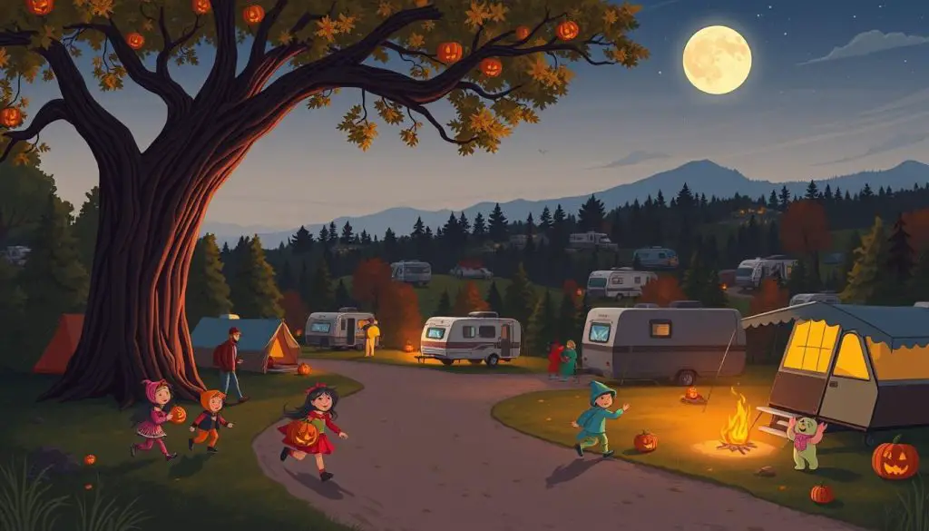 A warm autumn night casts a soft glow over a bustling campground. Children in colorful costumes scurry from site to site, their laughter ringing out as they collect treats from smiling campers. A towering oak tree stands watch, its branches casting flickering shadows across the packed dirt paths. In the distance, the silhouettes of tents and RVs dot the landscape, creating a cozy, intimate atmosphere. The scene is bathed in a combination of moonlight and the warm glow of campfires, lending an enchanting, magical quality to the Halloween festivities unfolding before the viewer. A warm autumn night casts a soft glow over a bustling campground. Children in colorful costumes scurry from site to site, their laughter ringing out as they collect treats from smiling campers. A towering oak tree stands watch, its branches casting flickering shadows across the packed dirt paths. In the distance, the silhouettes of tents and RVs dot the landscape, creating a cozy, intimate atmosphere. The scene is bathed in a combination of moonlight and the warm glow of campfires, lending an enchanting, magical quality to the Halloween festivities unfolding before the viewer.