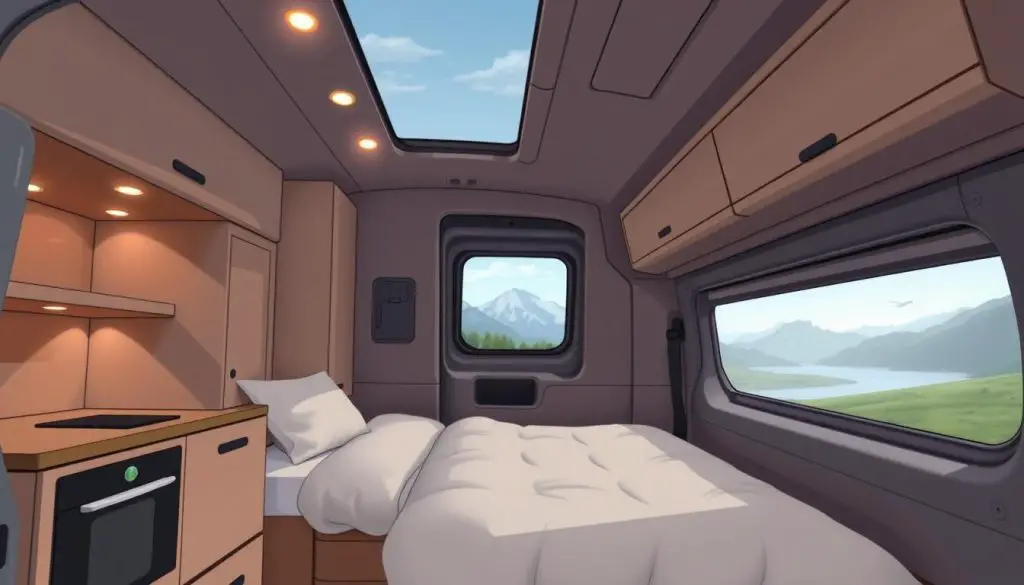 A well-designed van conversion with a modern, minimalist aesthetic. The interior features a cozy sleeping area, a compact kitchenette, and clever storage solutions. Warm, diffused lighting from recessed LEDs creates a inviting ambiance. The exterior has a sleek, aerodynamic profile with a muted color palette, blending seamlessly with the natural surroundings. High-quality materials and precise craftsmanship are evident throughout, reflecting the attention to detail in the van's transformation. A panoramic side window offers unobstructed views of the scenic landscape. The scene conveys a sense of adventure, comfort, and the freedom of the open road. A well-designed van conversion with a modern, minimalist aesthetic. The interior features a cozy sleeping area, a compact kitchenette, and clever storage solutions. Warm, diffused lighting from recessed LEDs creates a inviting ambiance. The exterior has a sleek, aerodynamic profile with a muted color palette, blending seamlessly with the natural surroundings. High-quality materials and precise craftsmanship are evident throughout, reflecting the attention to detail in the van's transformation. A panoramic side window offers unobstructed views of the scenic landscape. The scene conveys a sense of adventure, comfort, and the freedom of the open road.