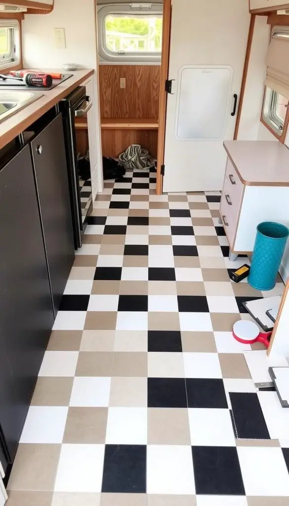 Black and white checkerboard vinyl flooring being installed in a modern camper Black and white checkerboard vinyl flooring being installed in a modern camper