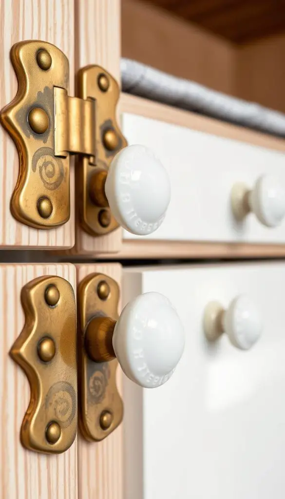 Close-up of vintage-style brass cabinet latches and porcelain knobs installed on camper cabinetry Close-up of vintage-style brass cabinet latches and porcelain knobs installed on camper cabinetry