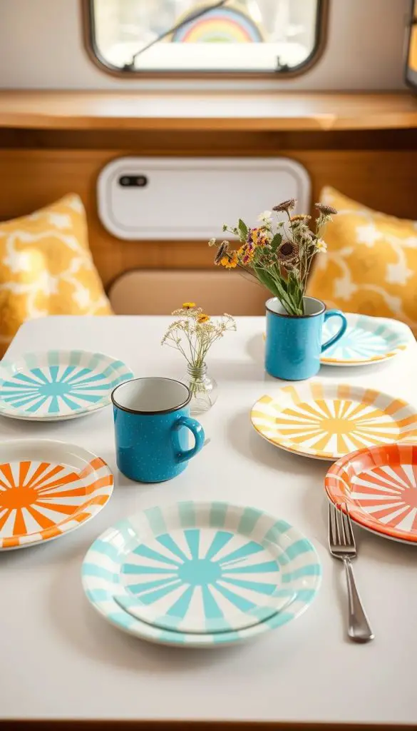 Collection of colorful vintage-inspired melamine plates and enamelware mugs set for a meal in a camper Collection of colorful vintage-inspired melamine plates and enamelware mugs set for a meal in a camper