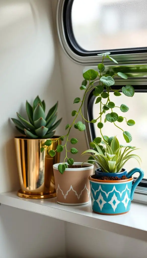 Collection of small plants displayed in vintage containers including brass planters and repurposed enamelware Collection of small plants displayed in vintage containers including brass planters and repurposed enamelware