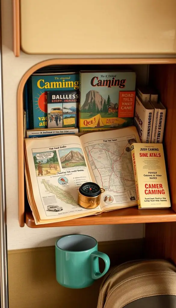 Collection of vintage camping guides, road atlases, and travel books displayed in a camper Collection of vintage camping guides, road atlases, and travel books displayed in a camper