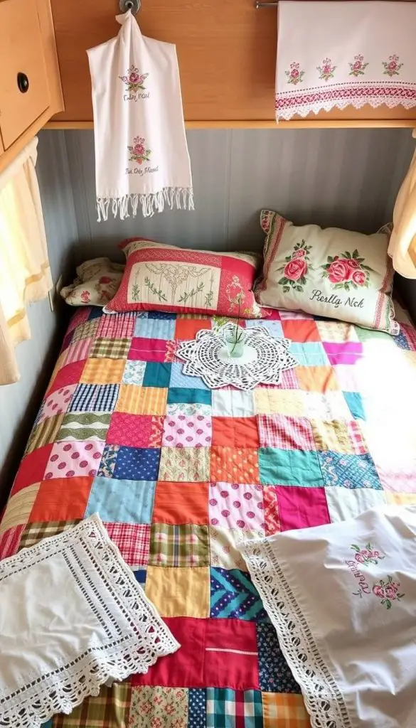 Collection of vintage linens including embroidered tea towels and a colorful quilt in a camper bedroom Collection of vintage linens including embroidered tea towels and a colorful quilt in a camper bedroom
