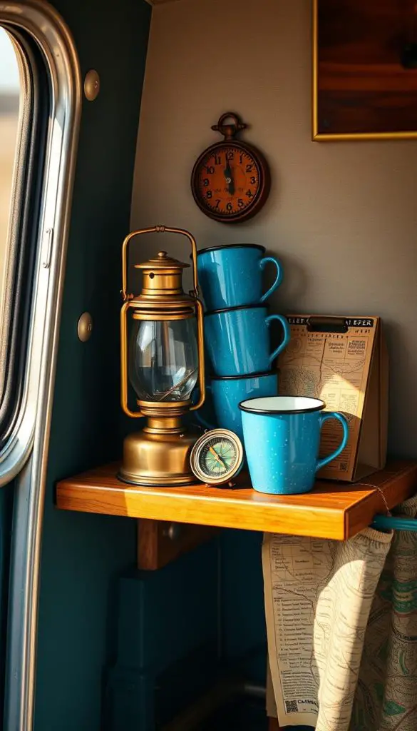 Curated display of vintage camping accessories including an antique lantern and enamelware Curated display of vintage camping accessories including an antique lantern and enamelware
