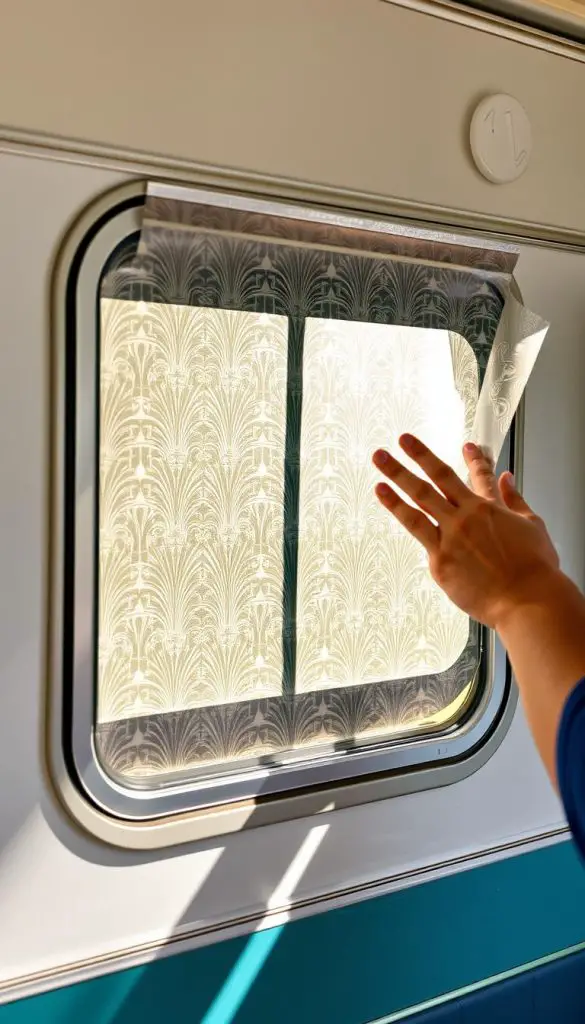 Decorative window film with art deco pattern being applied to a camper window Decorative window film with art deco pattern being applied to a camper window