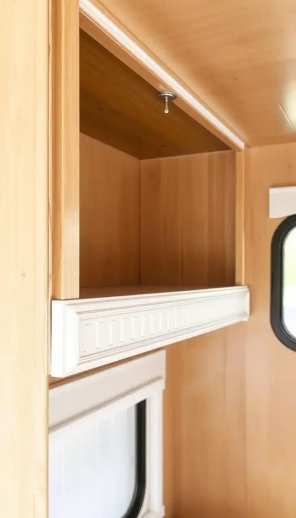 Decorative wooden trim being added to plain camper cabinet edges and window frames Decorative wooden trim being added to plain camper cabinet edges and window frames