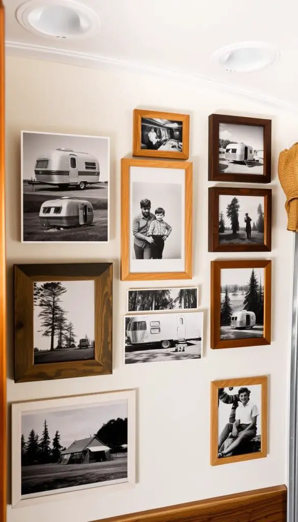 Gallery wall of framed vintage camping photographs and personal travel memories in a camper Gallery wall of framed vintage camping photographs and personal travel memories in a camper