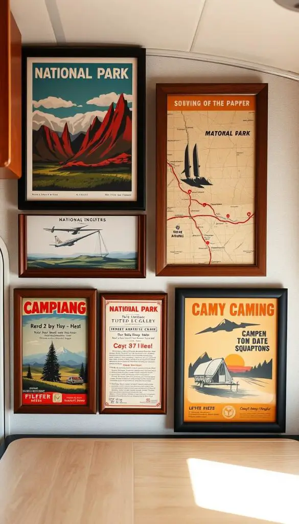 Gallery wall of framed vintage travel posters and national park advertisements in a camper Gallery wall of framed vintage travel posters and national park advertisements in a camper