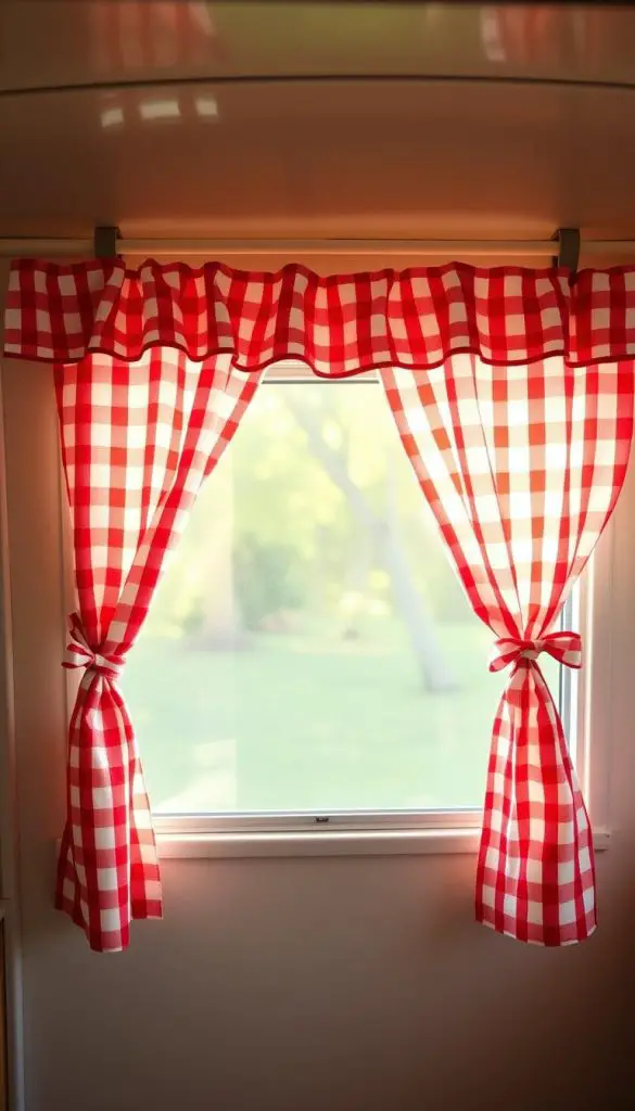 Gingham check cafe curtains with vintage curtain clips on a camper window Gingham check cafe curtains with vintage curtain clips on a camper window