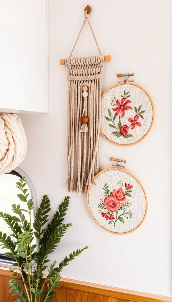 Handcrafted macramé wall hanging and embroidery hoops with vintage designs displayed in a camper Handcrafted macramé wall hanging and embroidery hoops with vintage designs displayed in a camper