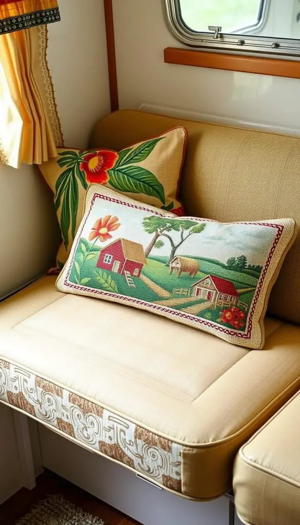 Handcrafted throw pillows made from vintage fabrics arranged on a camper dinette bench Handcrafted throw pillows made from vintage fabrics arranged on a camper dinette bench