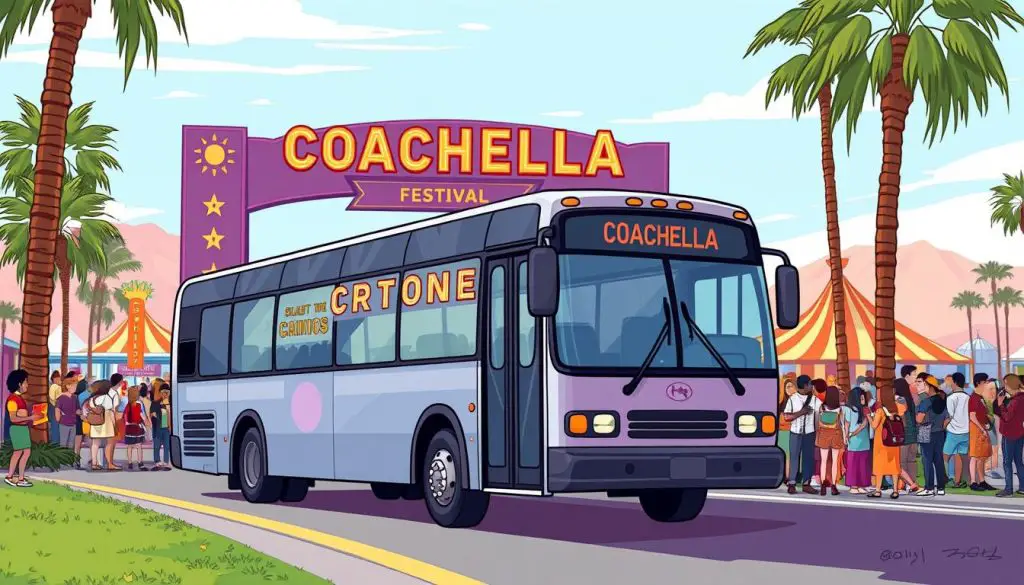 Image of a shuttle bus driving towards the Coachella festival grounds Image of a shuttle bus driving towards the Coachella festival grounds