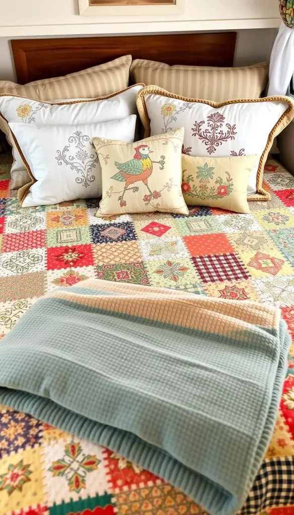 Layered vintage-inspired bedding including a colorful quilt and embroidered pillowcases in a camper bedroom Layered vintage-inspired bedding including a colorful quilt and embroidered pillowcases in a camper bedroom