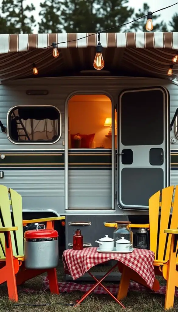 Modern camper exterior with vintage-inspired striped awning, retro camp chairs, and outdoor accessories Modern camper exterior with vintage-inspired striped awning, retro camp chairs, and outdoor accessories