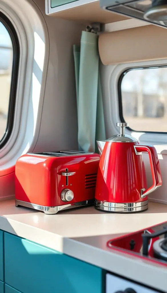 Retro-styled mint green toaster and red kettle in a modern camper kitchen Retro-styled mint green toaster and red kettle in a modern camper kitchen