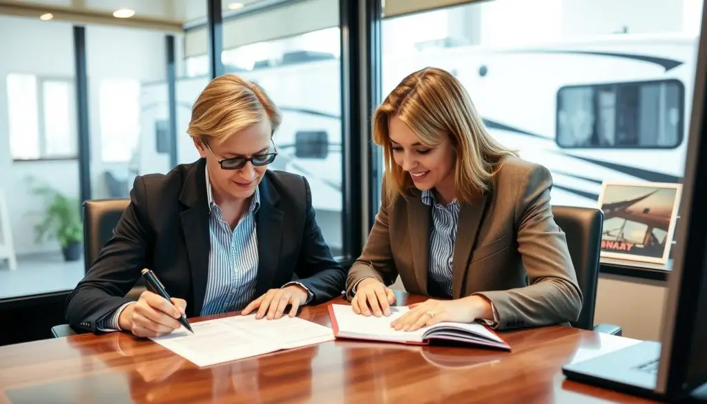 Two people signing RV loan documents together, illustrating co-signing to buy RV with bad credit Two people signing RV loan documents together, illustrating co-signing to buy RV with bad credit