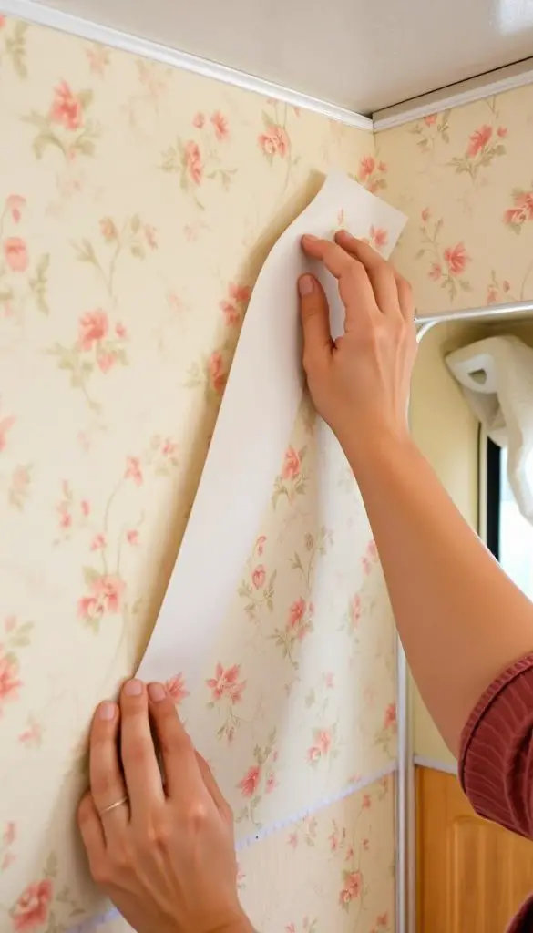 Vintage floral peel-and-stick wallpaper being applied to a camper wall Vintage floral peel-and-stick wallpaper being applied to a camper wall