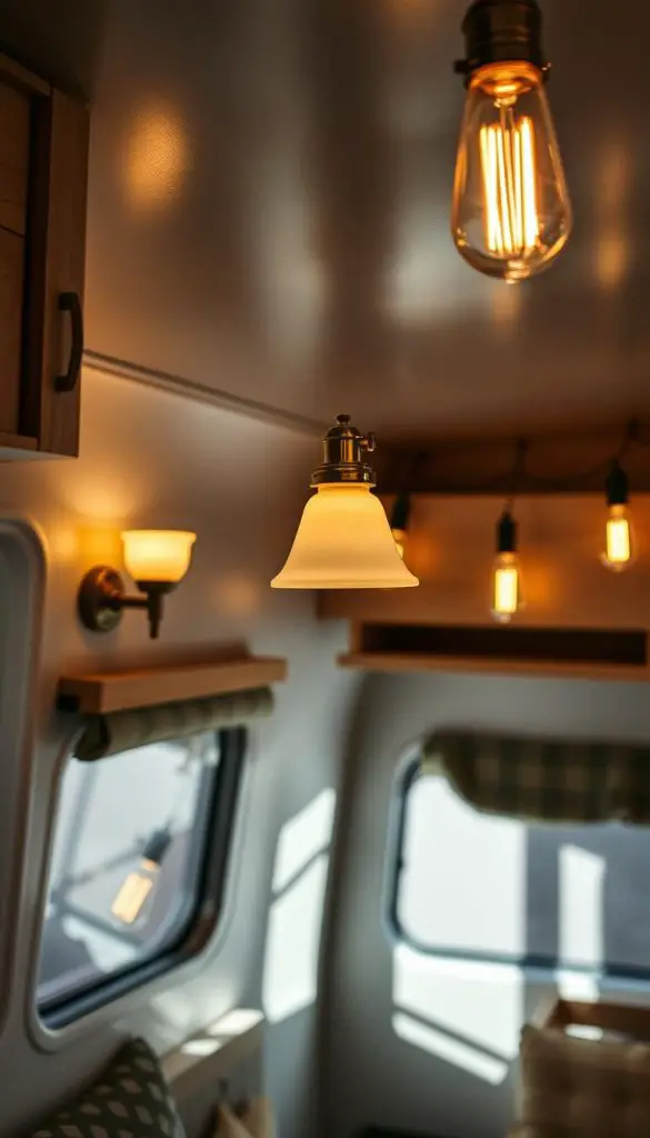 Vintage-inspired lighting fixtures installed in a modern camper Vintage-inspired lighting fixtures installed in a modern camper
