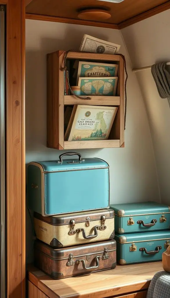 Vintage storage solutions including wooden crates and metal bread boxes in a camper Vintage storage solutions including wooden crates and metal bread boxes in a camper