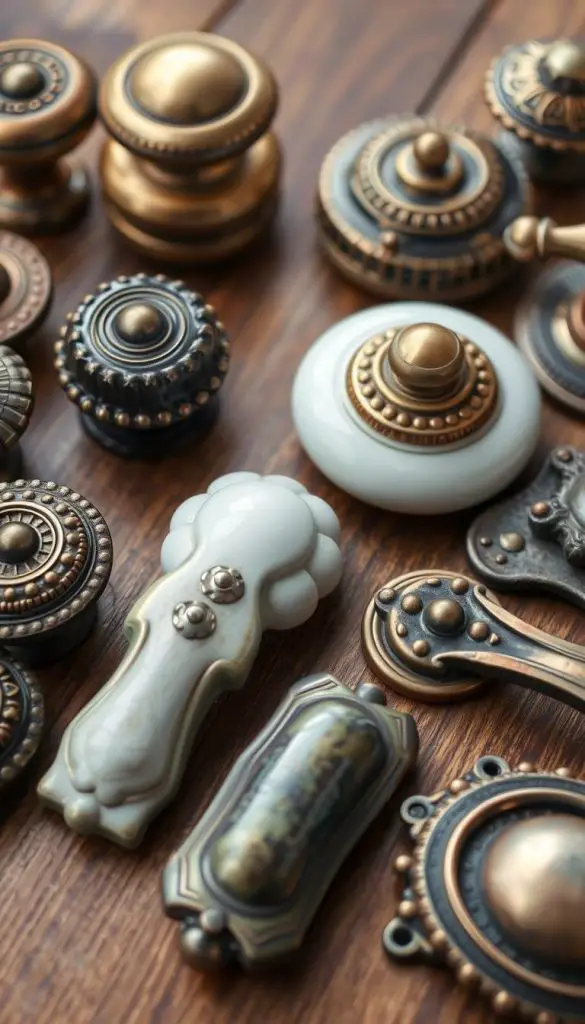 Vintage-style brass and porcelain cabinet knobs and drawer pulls for camper renovation Vintage-style brass and porcelain cabinet knobs and drawer pulls for camper renovation
