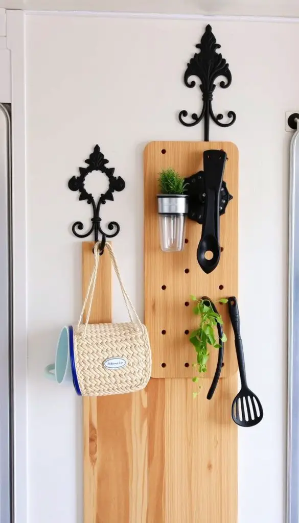 Vintage-style cast iron hooks and wooden pegboard installed in a camper for functional storage Vintage-style cast iron hooks and wooden pegboard installed in a camper for functional storage