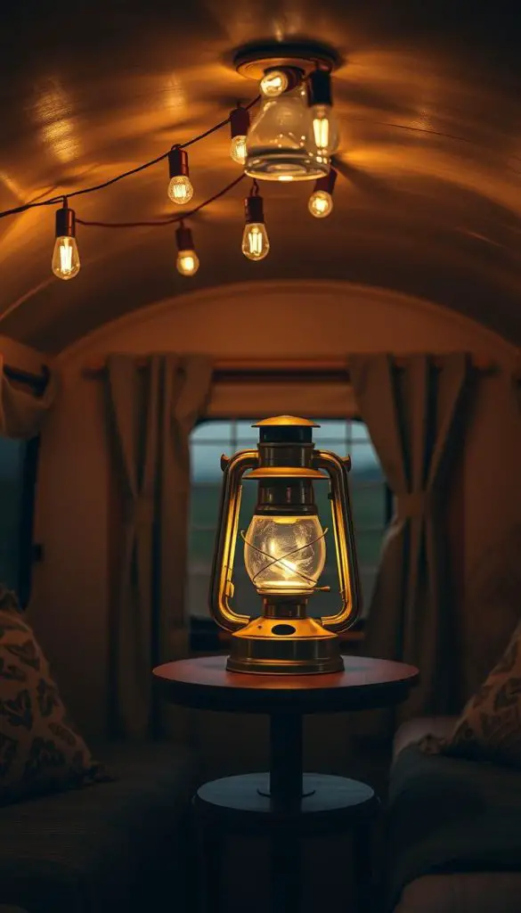 Vintage-style oil lamp and Edison bulb string lights creating warm ambiance in a camper at dusk Vintage-style oil lamp and Edison bulb string lights creating warm ambiance in a camper at dusk