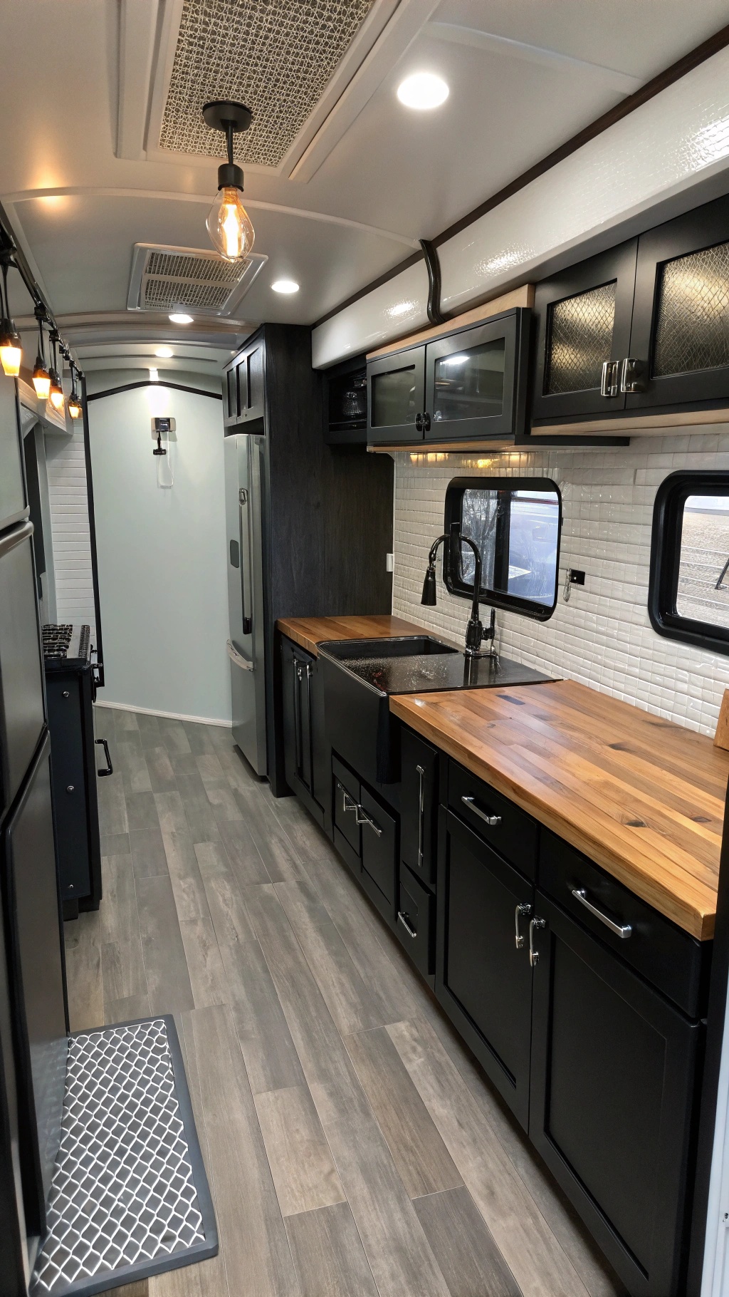 RV galley with black cabinets and wood countertops