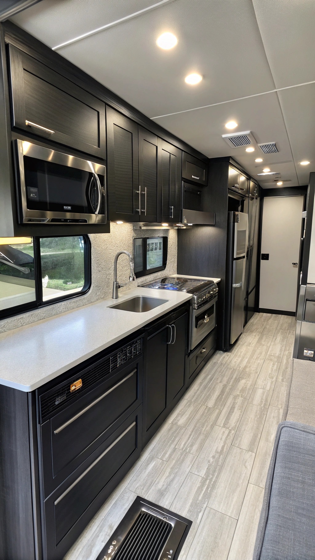 Modern RV kitchen with flat black cabinets