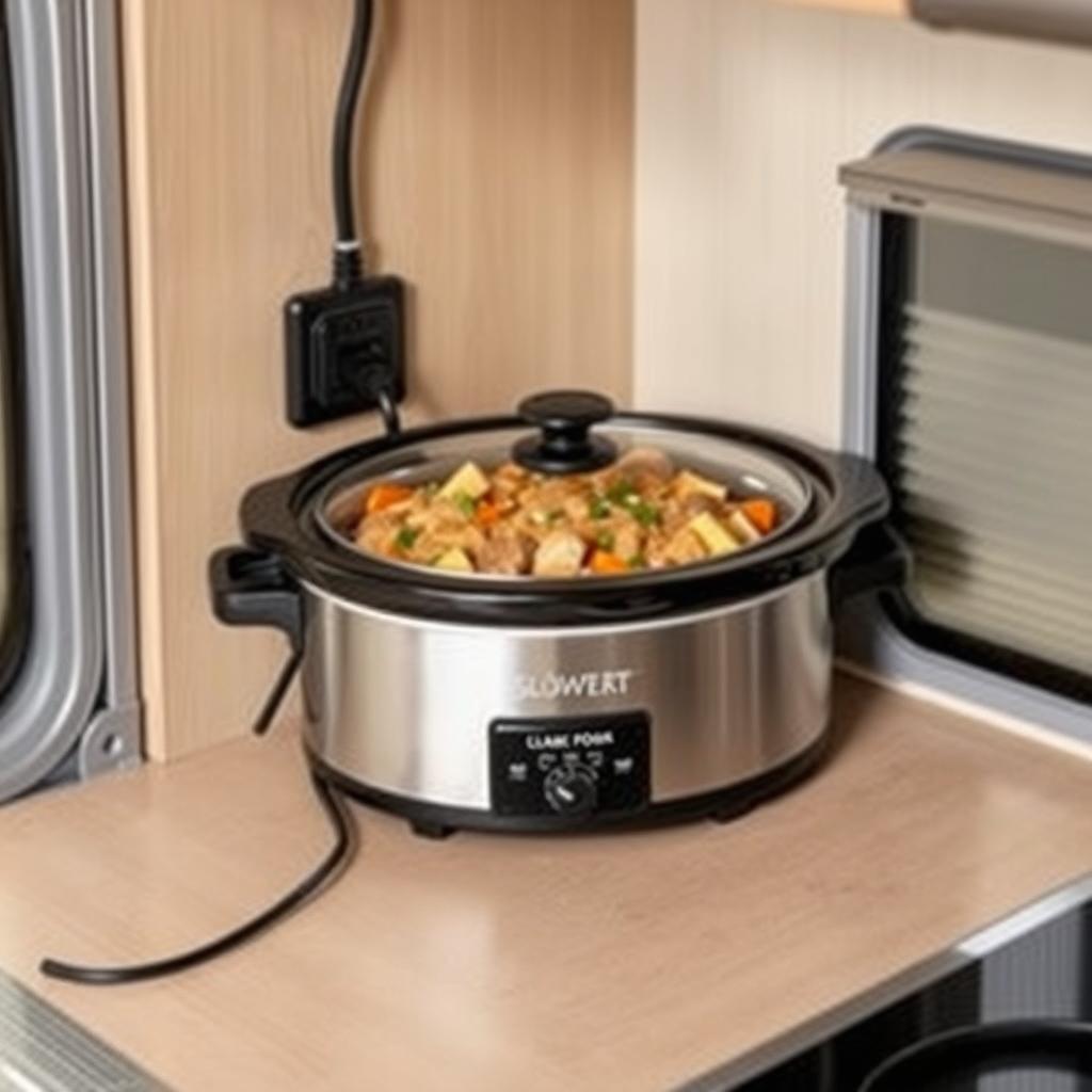 12V slow cooker secured in an RV kitchen 12V slow cooker secured in an RV kitchen