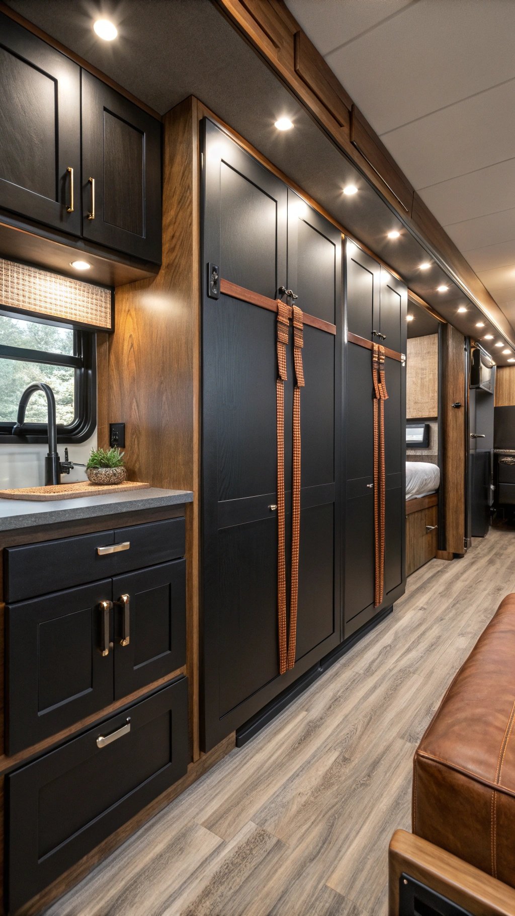 RV interior with black cabinets and leather pulls