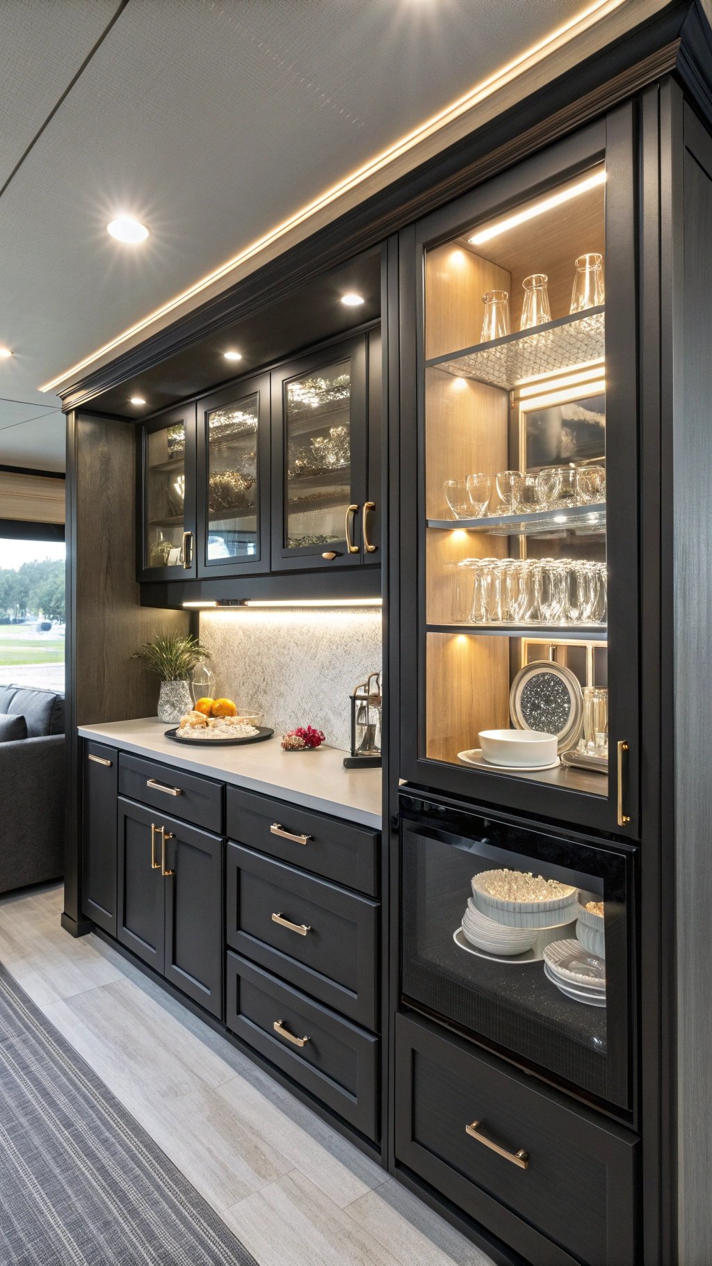 RV kitchen with black cabinets and glass doors