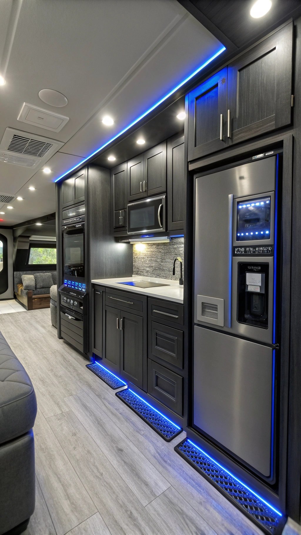 Modern RV with high-tech black cabinets