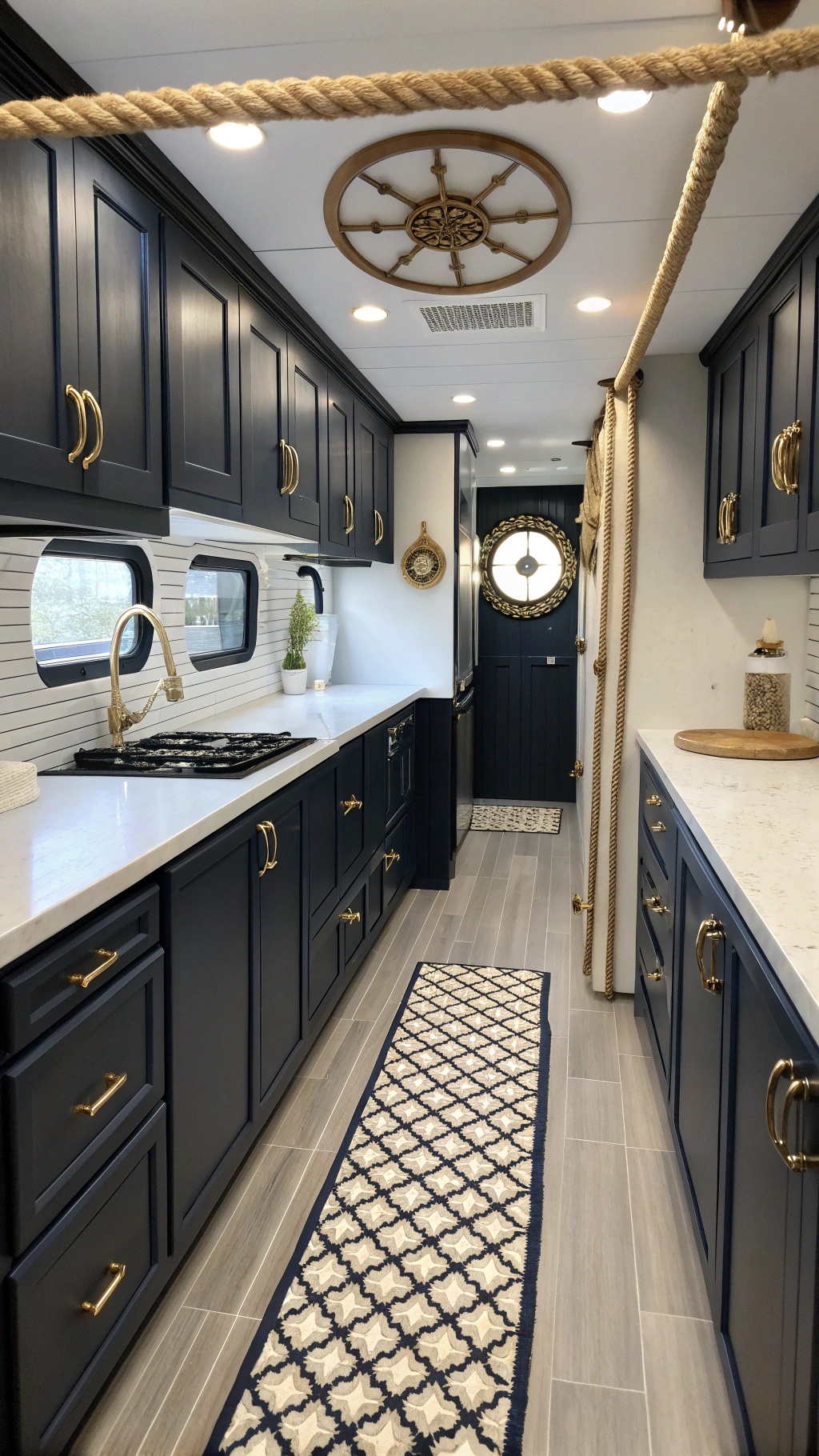 RV galley with nautical themed black cabinets