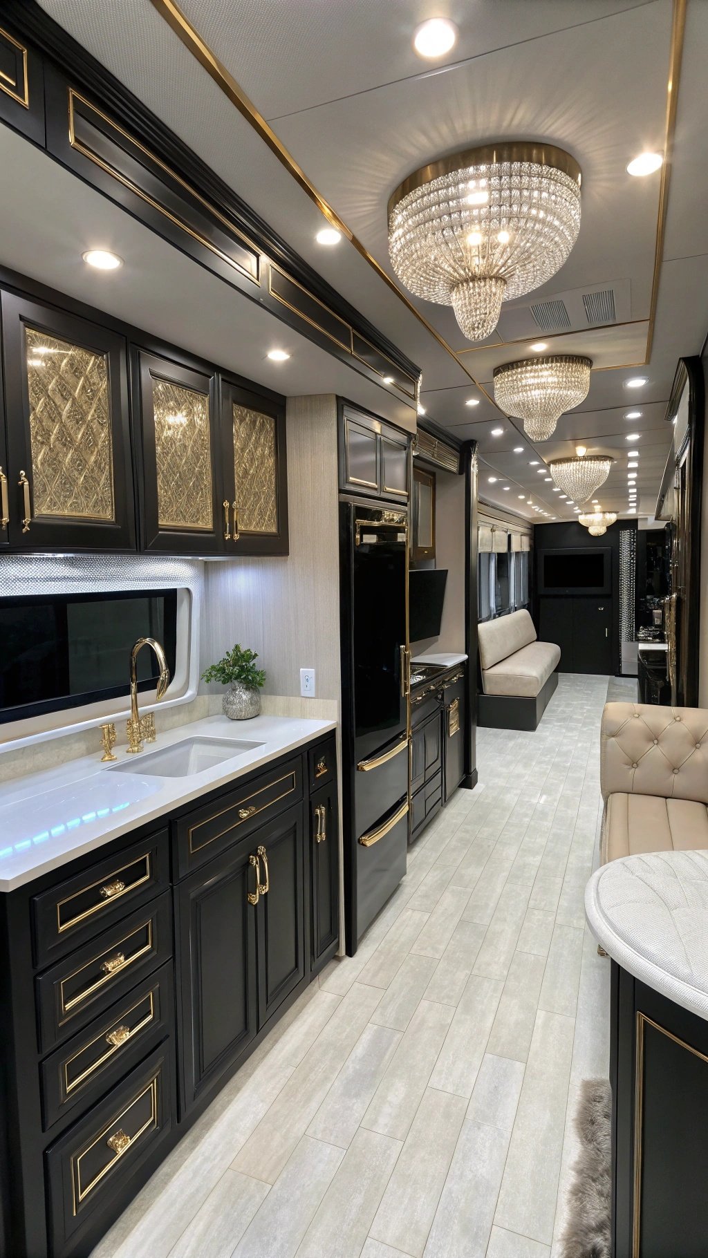 Luxury RV with glamorous black cabinets
