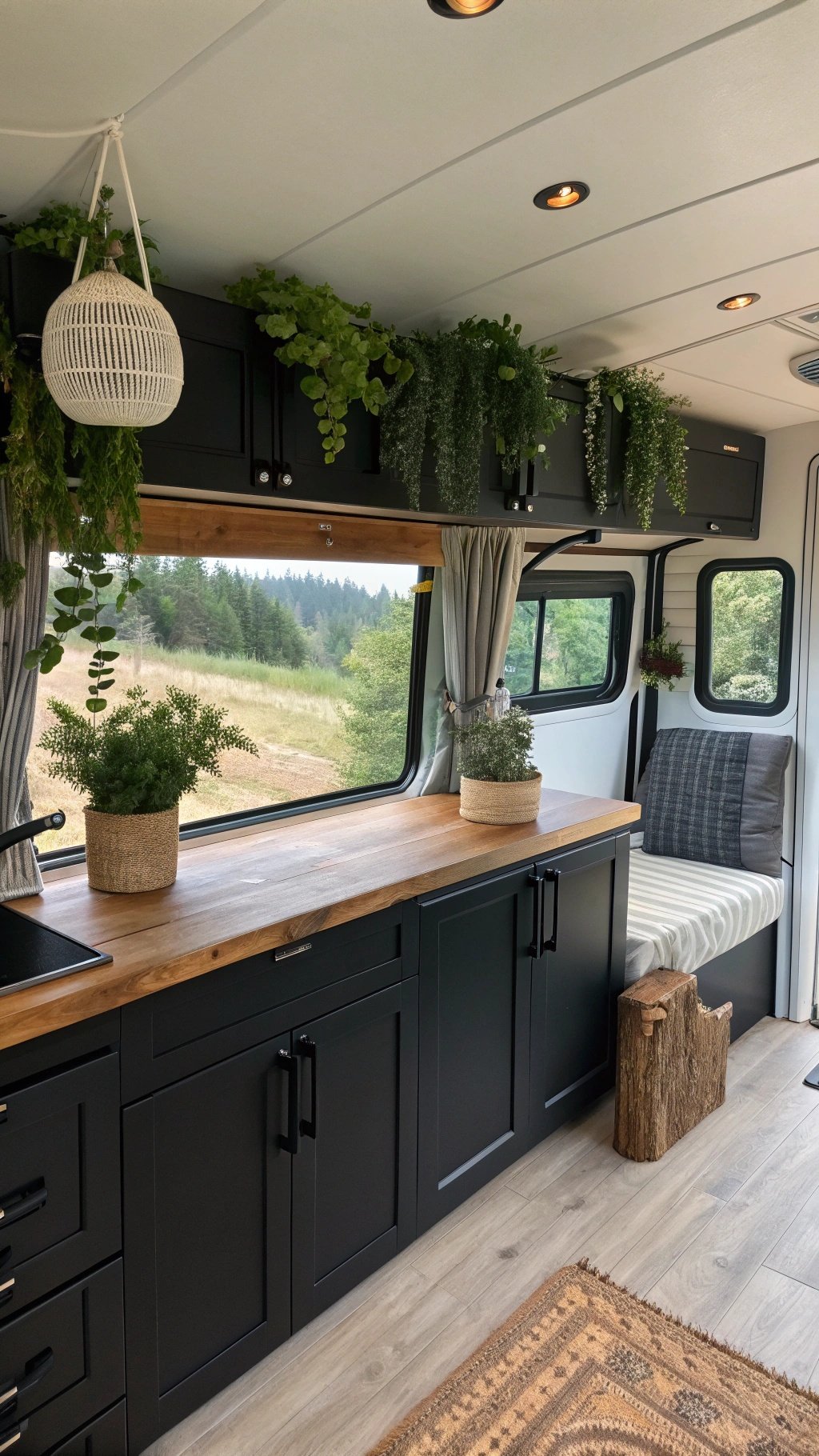 Modern RV with black cabinets and live edge wood