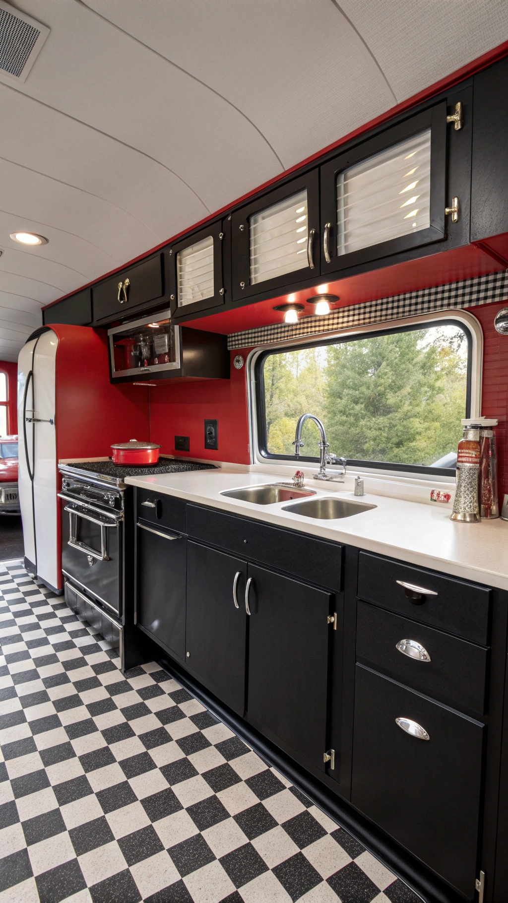 RV kitchen with retro black cabinets and diner style